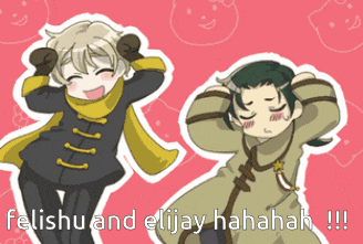 a picture of two anime characters with the words " felishu and elijay hahahah !!! " below them