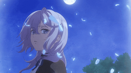 a girl with white hair is standing in front of a blue sky