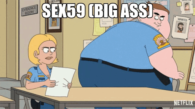 a cartoon of a police officer with the words sex59 ( big ass )