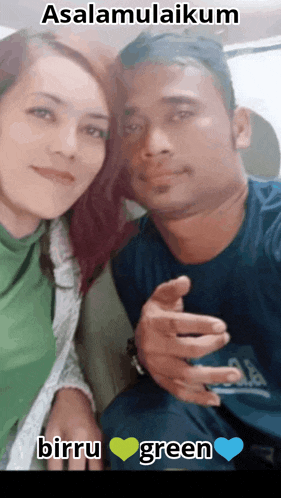 a man and a woman are posing for a picture with the caption " assalamualaikum "