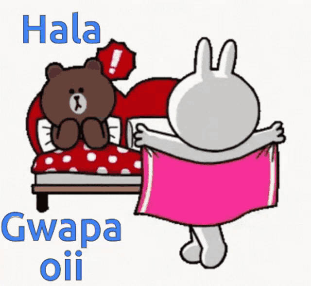 a cartoon of a rabbit holding a pink towel next to a brown bear on a bed