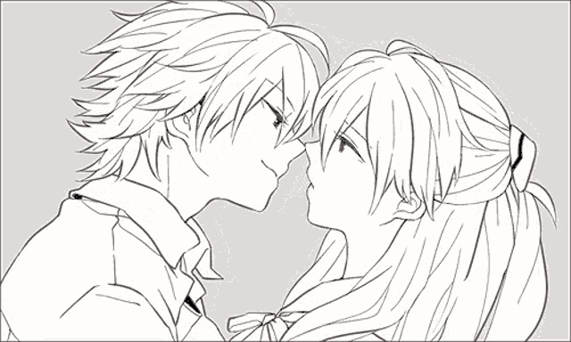 a black and white drawing of a boy and a girl looking at each other