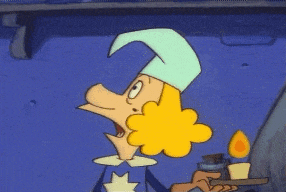 a cartoon character holding a tray of candles