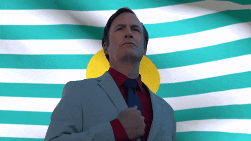 a man in a suit and tie stands in front of a green and white flag