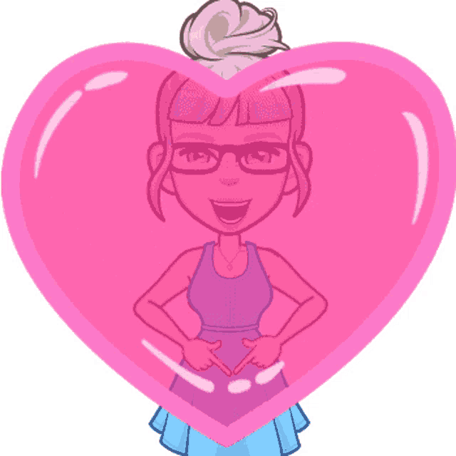 a cartoon girl with pink hair and glasses is standing in a pink heart