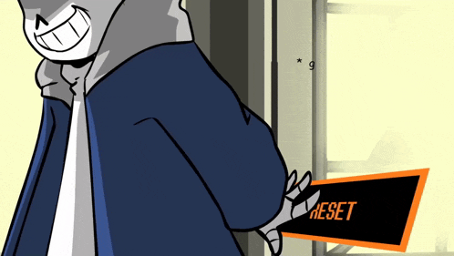 a cartoon character is holding a sign that says " reset "