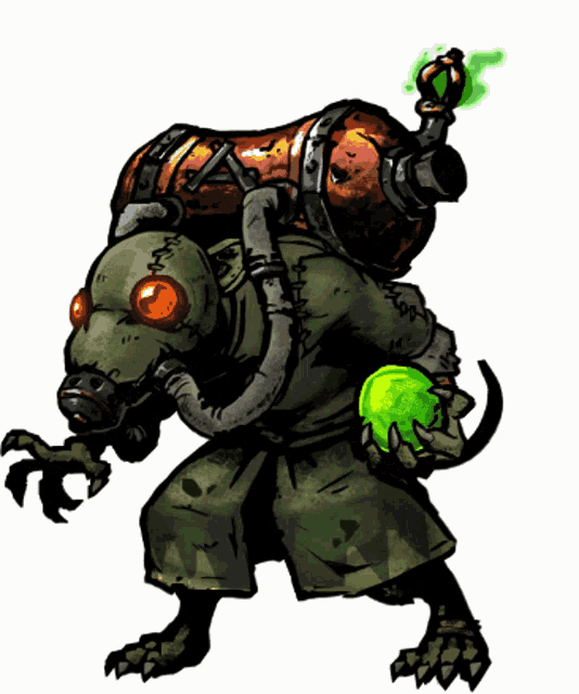 a drawing of a rat wearing a gas mask carrying a green ball