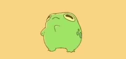 a cartoon frog is standing on a yellow background and looking up .