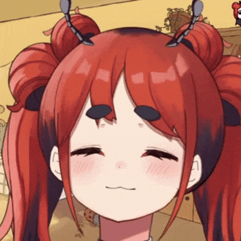 a close up of a red haired anime girl making a face