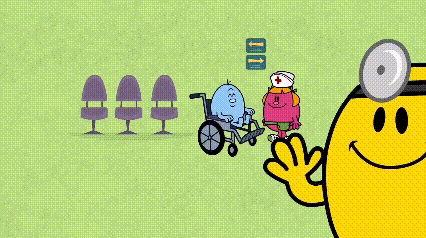 a cartoon of a man in a wheelchair next to a doctor and a nurse