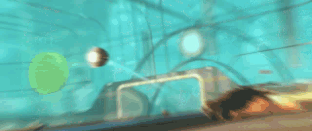 a video game scene with a purple ball and a brown car