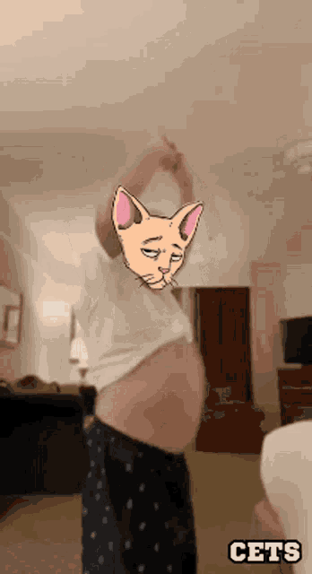 a person with a cat face on their chest and the word cets below them