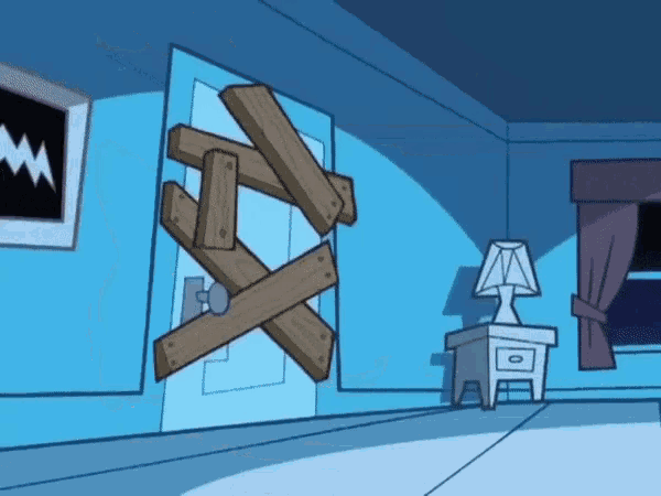 a cartoon drawing of a room with a lamp and a wooden door