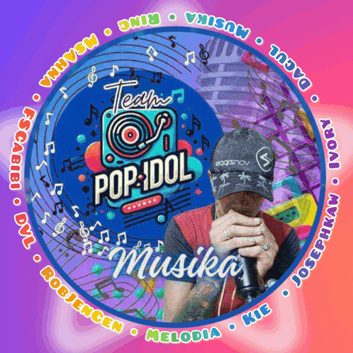 a colorful circle with a man covering his face and the words team pop idol musika
