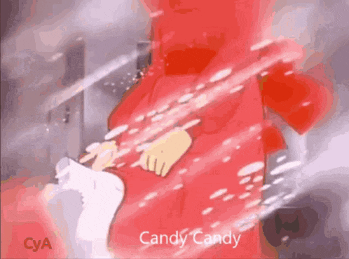a cartoon character in a red dress is holding a candy candy