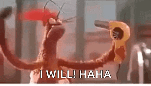 a cartoon chicken is holding a hair dryer and saying i will haha