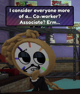 a cartoon character with a clock face and a sign that says i consider everyone more of a co-worker associate? erm