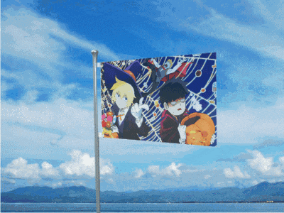 a flag with a picture of a boy and a girl on it