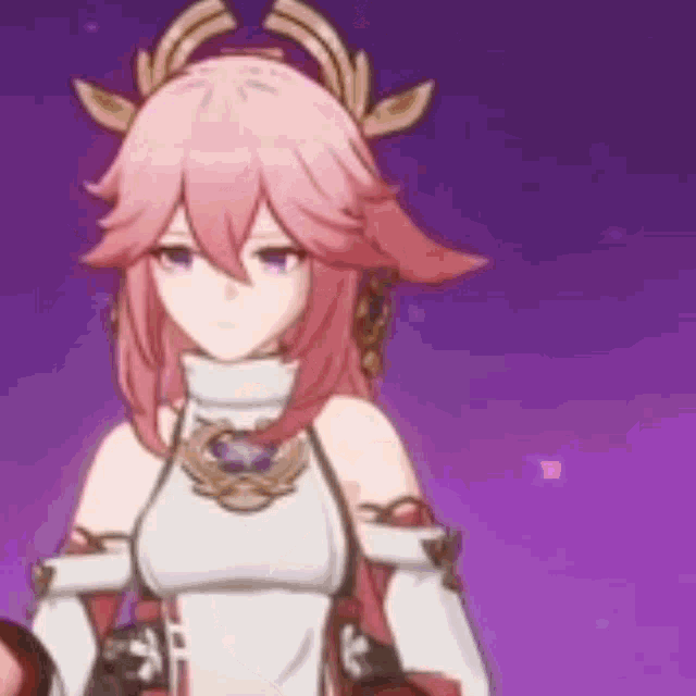 a girl with pink hair and horns is standing in front of a purple background in a video game .
