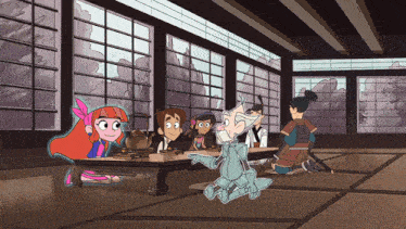 a group of cartoon characters are gathered around a table in a room with lots of windows