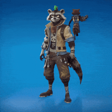 a raccoon with a green mohawk on his head stands on a blue background