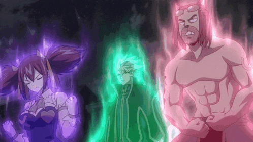 a group of anime characters are standing next to each other in a dark room