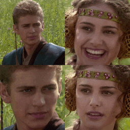 a man and a woman are standing next to each other and the woman is wearing a headband with flowers on it