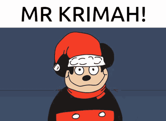 a cartoon of a mickey mouse wearing a santa hat with the words mr krimah above him