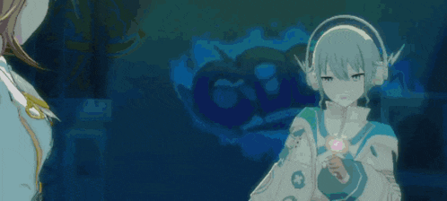two anime characters are standing next to each other in a dark room .