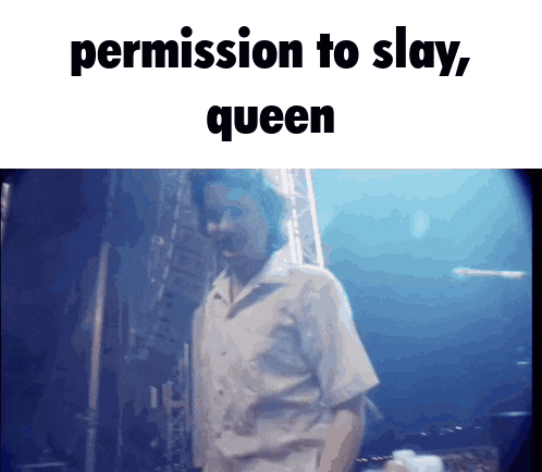 a man is standing in front of a blue background with the words permission to slay queen above him