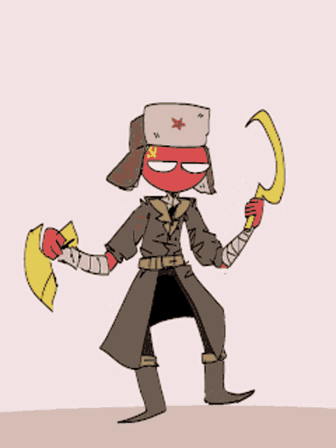 a cartoon drawing of a man with a red face and a hammer and sickle