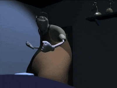 a cartoon character is standing in a dark room with a bell on a shelf