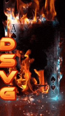 a playing card with a spade on it is surrounded by flames .