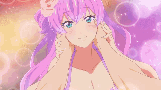 a girl with pink hair and green eyes is being held by a man