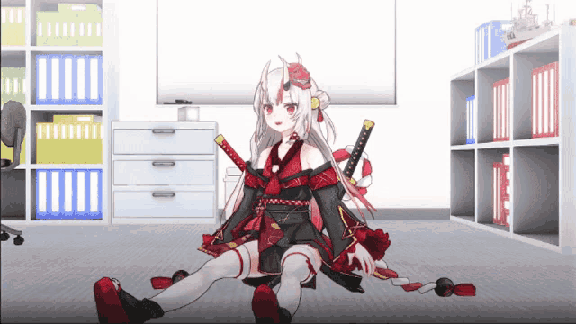 a girl with horns is sitting on the floor with a sword in her hand