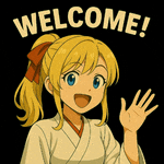 a girl with blonde hair and blue eyes is waving with the words welcome below her
