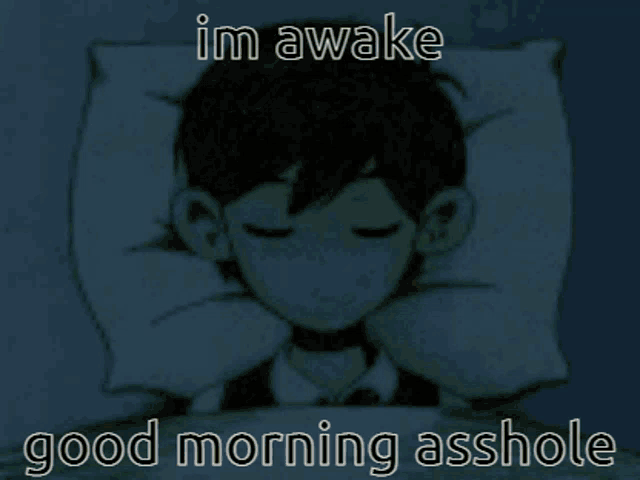 a cartoon of a boy laying in bed with the words im awake good morning asshole below him