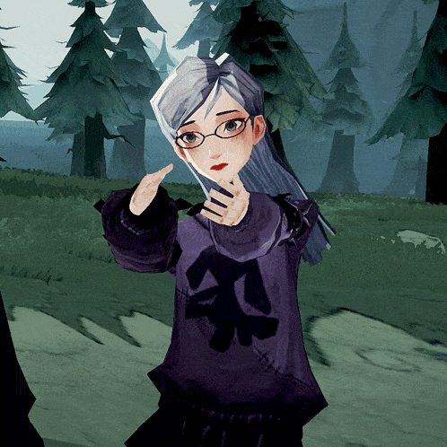 a girl wearing glasses and a purple sweater with a cross on it
