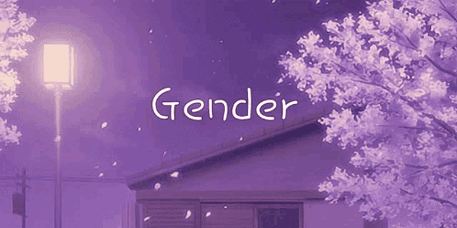 the word gender is on a purple background with trees