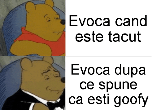 a cartoon of winnie the pooh wearing a tuxedo with the caption evoca cand este tacut