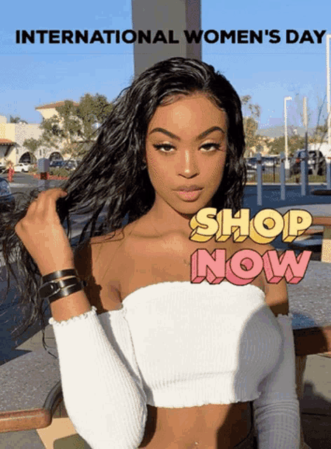 an advertisement for international women 's day shows a woman in a white off the shoulder top