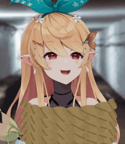 a girl with long blonde hair and red eyes is holding a piece of paper