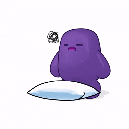 a purple cartoon character is sitting on a white pillow with his eyes closed