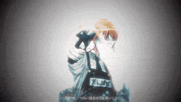 a girl wearing a black apron with the word tan on it pointing a gun
