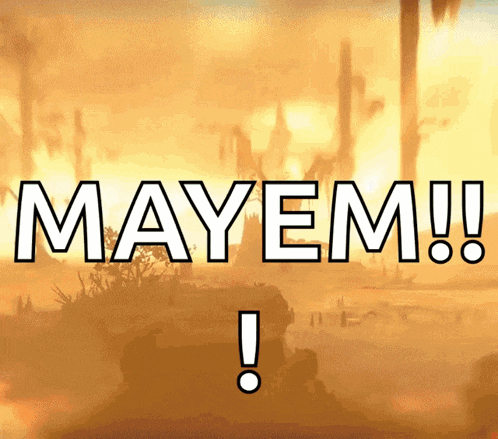 the word mayem that is in front of a landscape