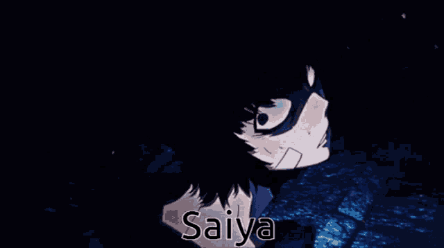 a close up of a person with the name saiya written on the bottom