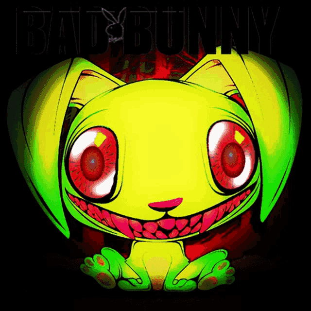 a drawing of a yellow bunny with red eyes and the words bad bunny written on the bottom