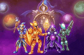 a group of video game characters standing next to each other in front of a purple background .