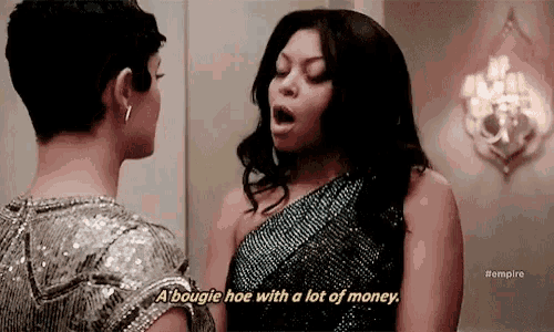 two women are standing next to each other and one of them says a bougie hoe with a lot of money