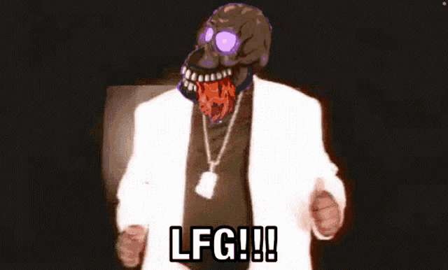 a man in a white suit has a skull on his head and says lfg